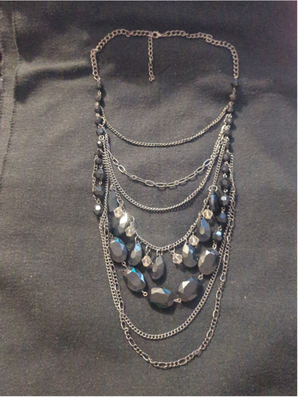 Gunmetal Black Chain Beaded Long Layered Bib Style Statement Necklace